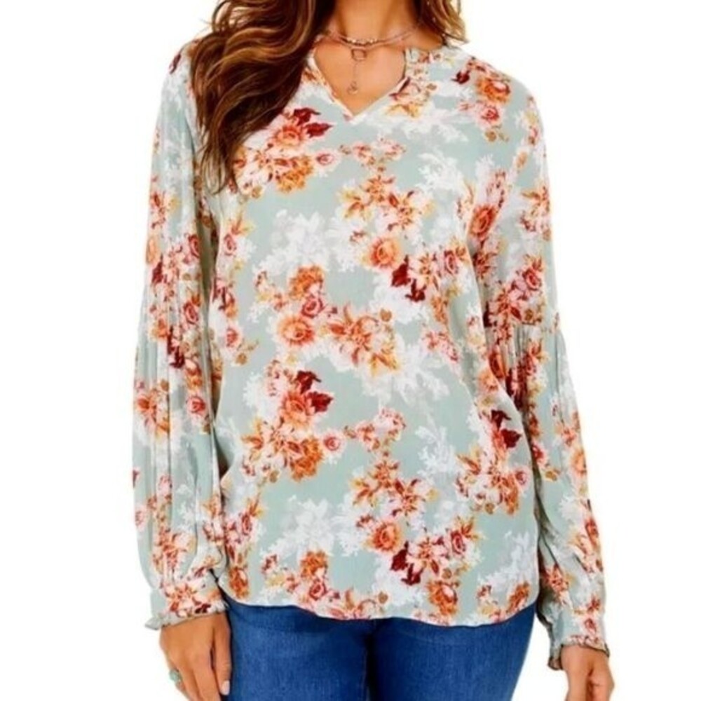 Style & Co - V-neck Ruffle Top Green & Rust Floral Print, XL